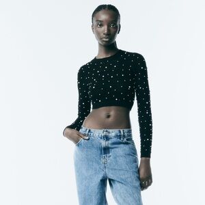 NWT Zara Woman Open Back PEARLS CROPPED KNIT SWEATER Black Size L Large